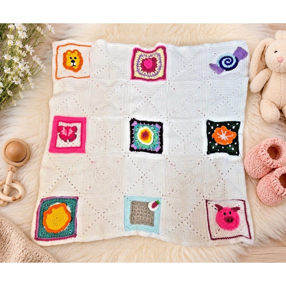 Handmade Baby Blanket Crochet Knit 3D Animals Flowers 32" X 33"